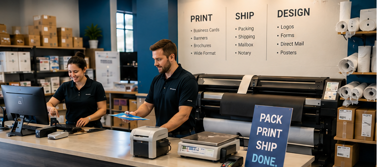 Two staff members at a mail, print and shipping center counter with a wide-format printer and packing supplies