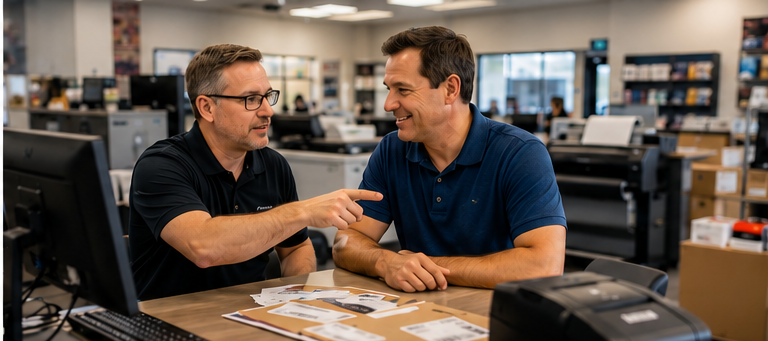An Innovative technology specialist consulting with a mail and shipping center owner at a desk