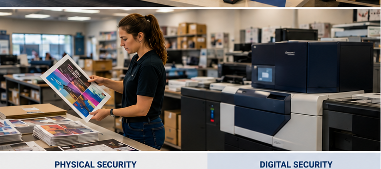 Employee reviewing a tablet showing physical security and digital security checkpoints next to production printing equipment