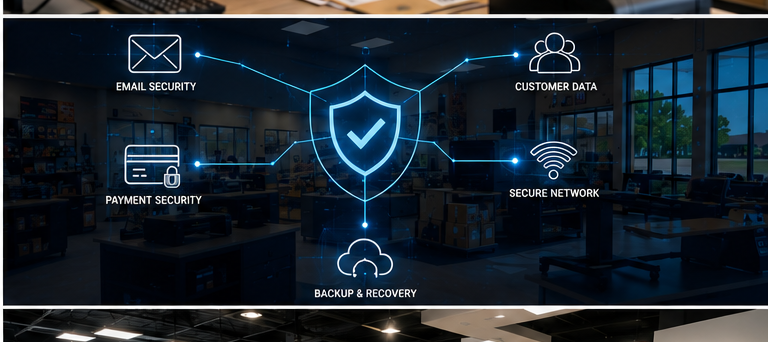 Diagram showing a mail and shipping shop connected to email security, customer data, payment security, secure network, and backup and recovery systems
