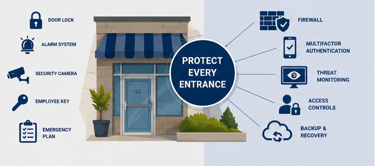 Illustration of a mail and shipping storefront showing physical security measures like locks and cameras alongside digital security measures like firewalls and multi-factor authentication