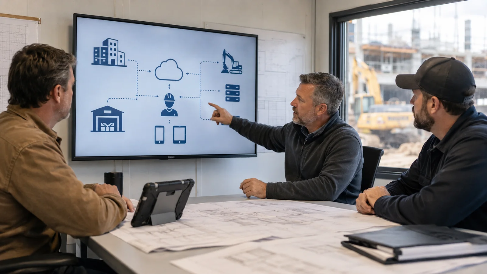 Construction leaders reviewing a connected technology diagram in a jobsite office trailer