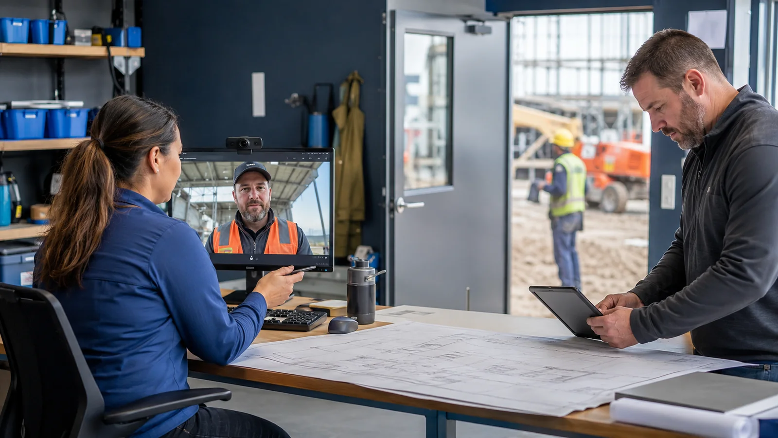 Office staff on a video call with a field crew member while reviewing plans near an open jobsite door