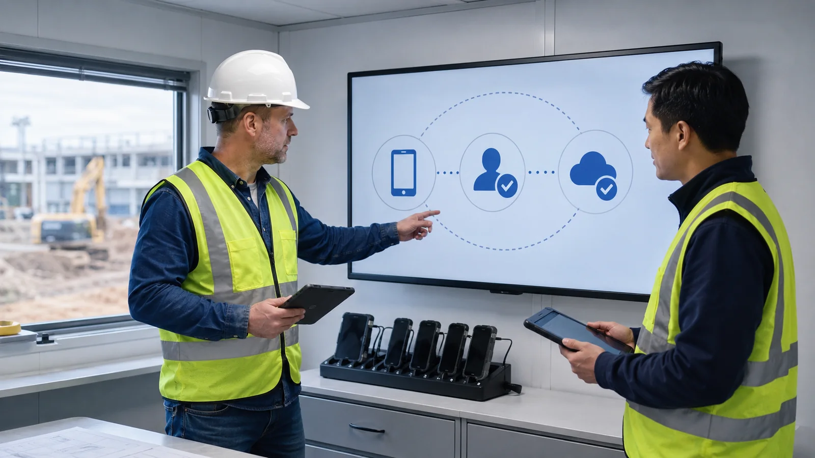 Construction workers reviewing a mobile device security diagram next to a charging station