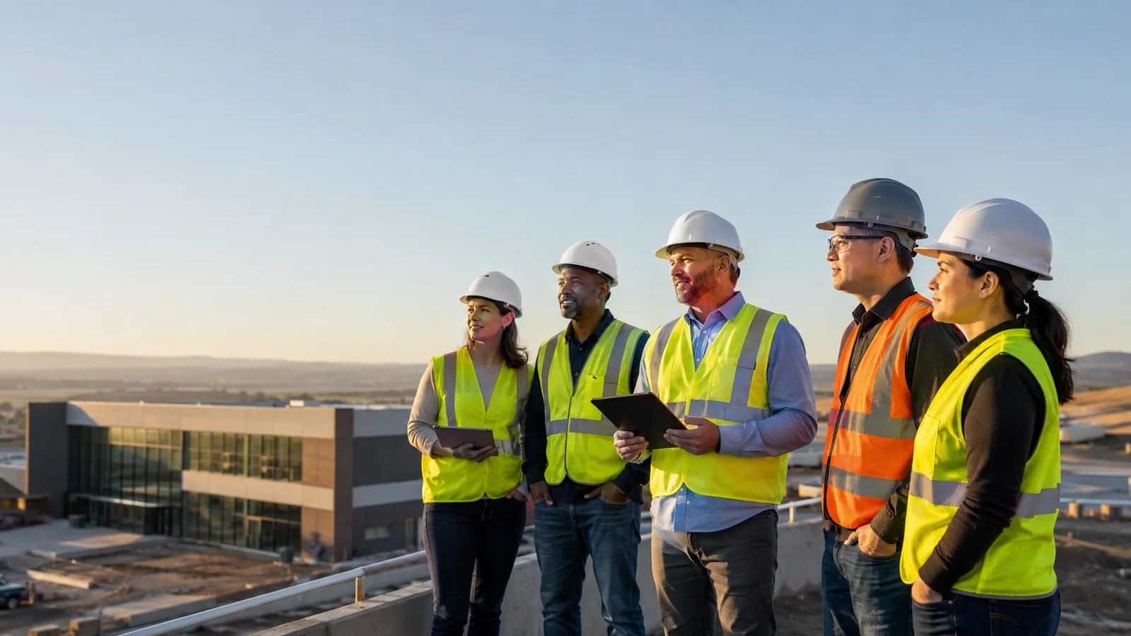 Construction leadership team overlooking a completed job site at sunset