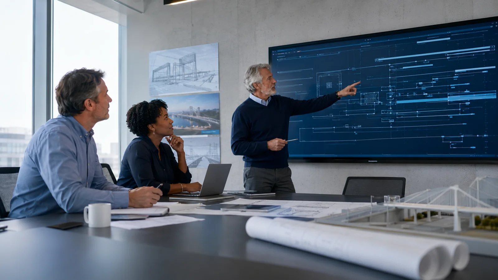 Engineering team reviewing digital project plans on a large screen in a conference room