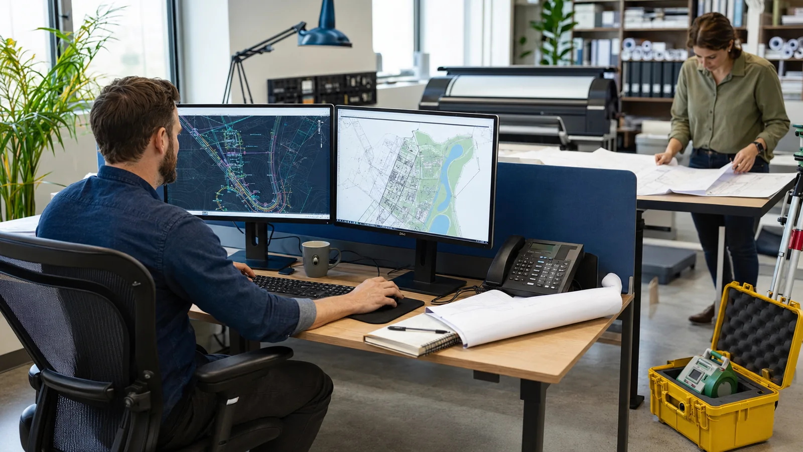 Engineer reviewing CAD site plans on dual monitors while a colleague checks printed drawings in the office
