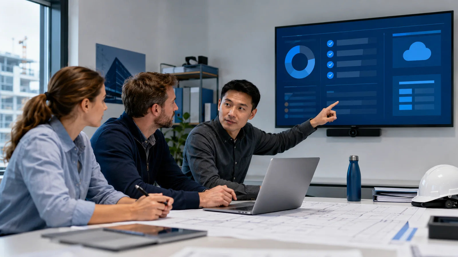 Engineering team reviewing a cloud backup and security dashboard during a project meeting
