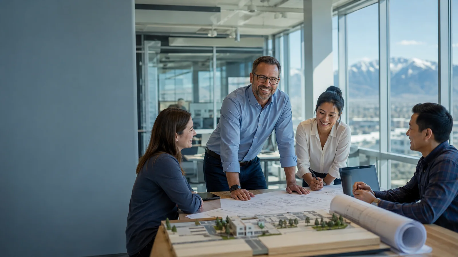 Engineering team reviewing a completed project model and site plans together in a bright office