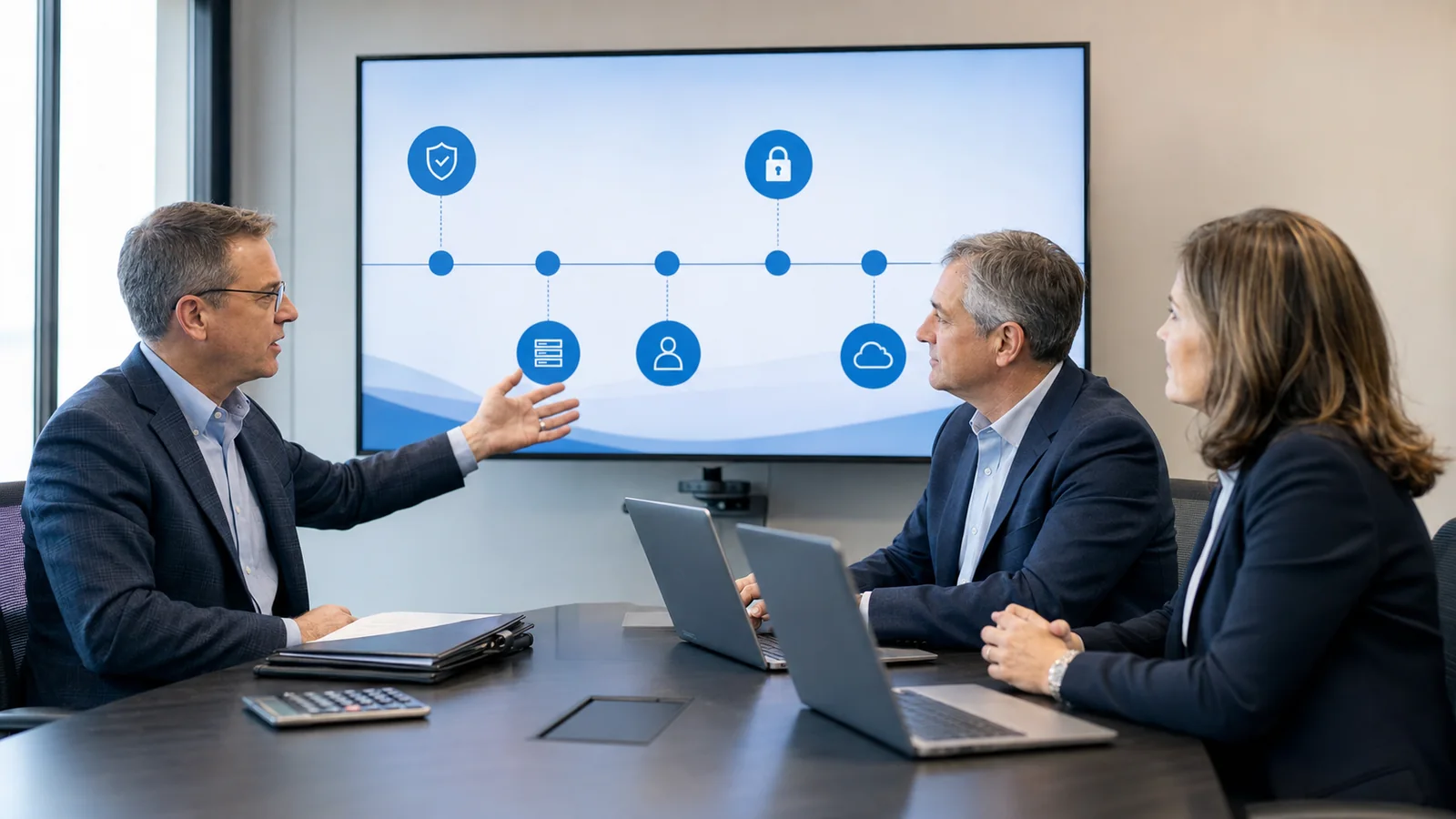 IT advisor presenting a technology security roadmap to financial firm leadership in a conference room