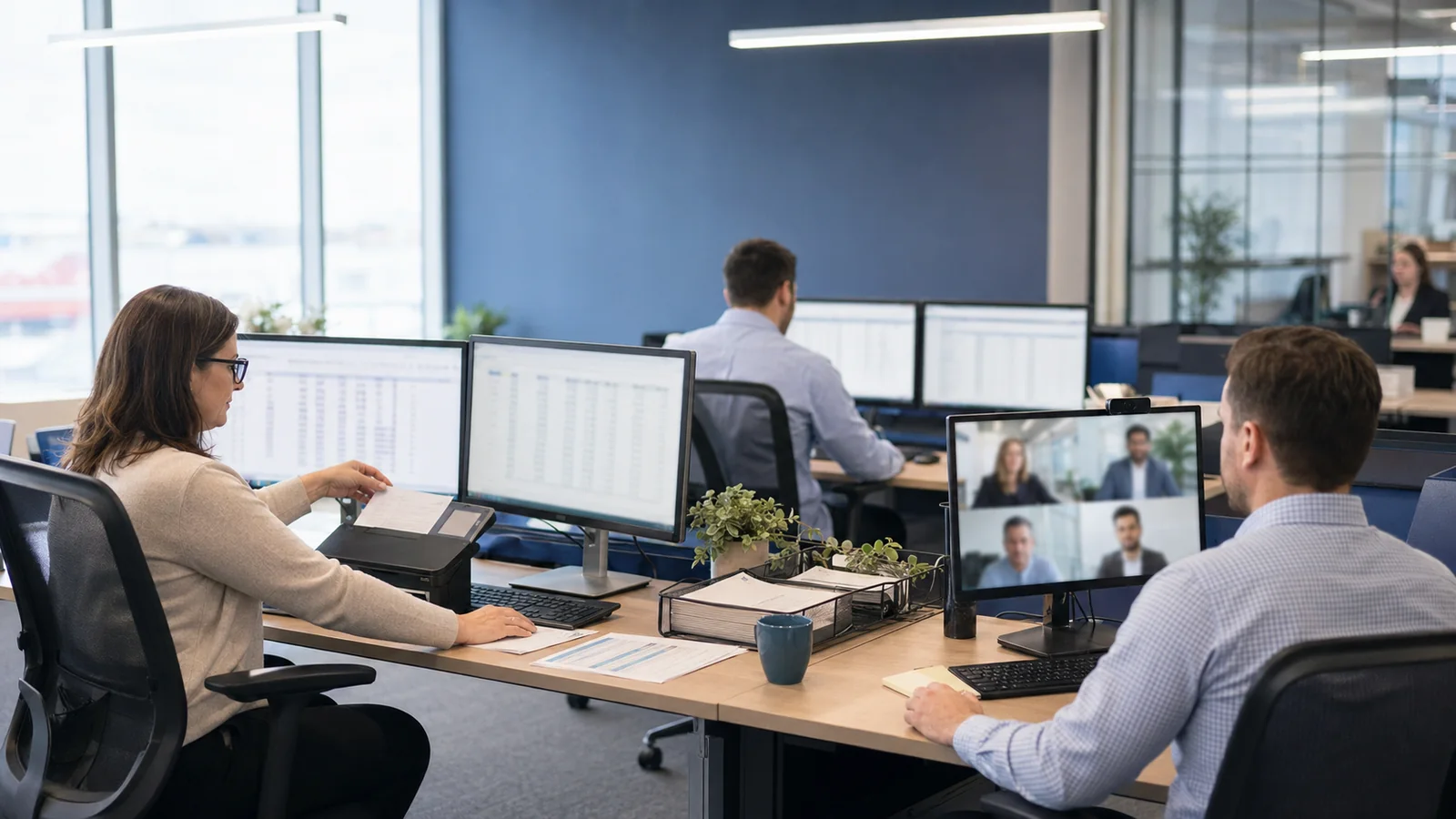 Accounting professionals working at multi-monitor desks with spreadsheet data and a video call in progress