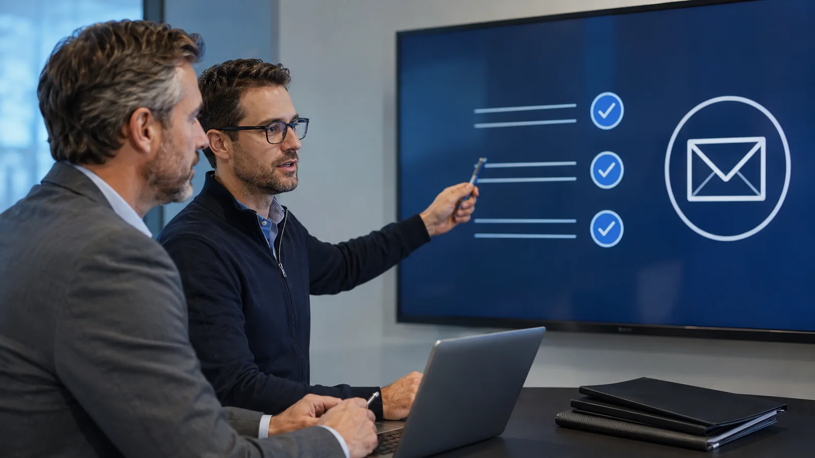 IT specialist reviewing an email security checklist with a financial firm leader on screen