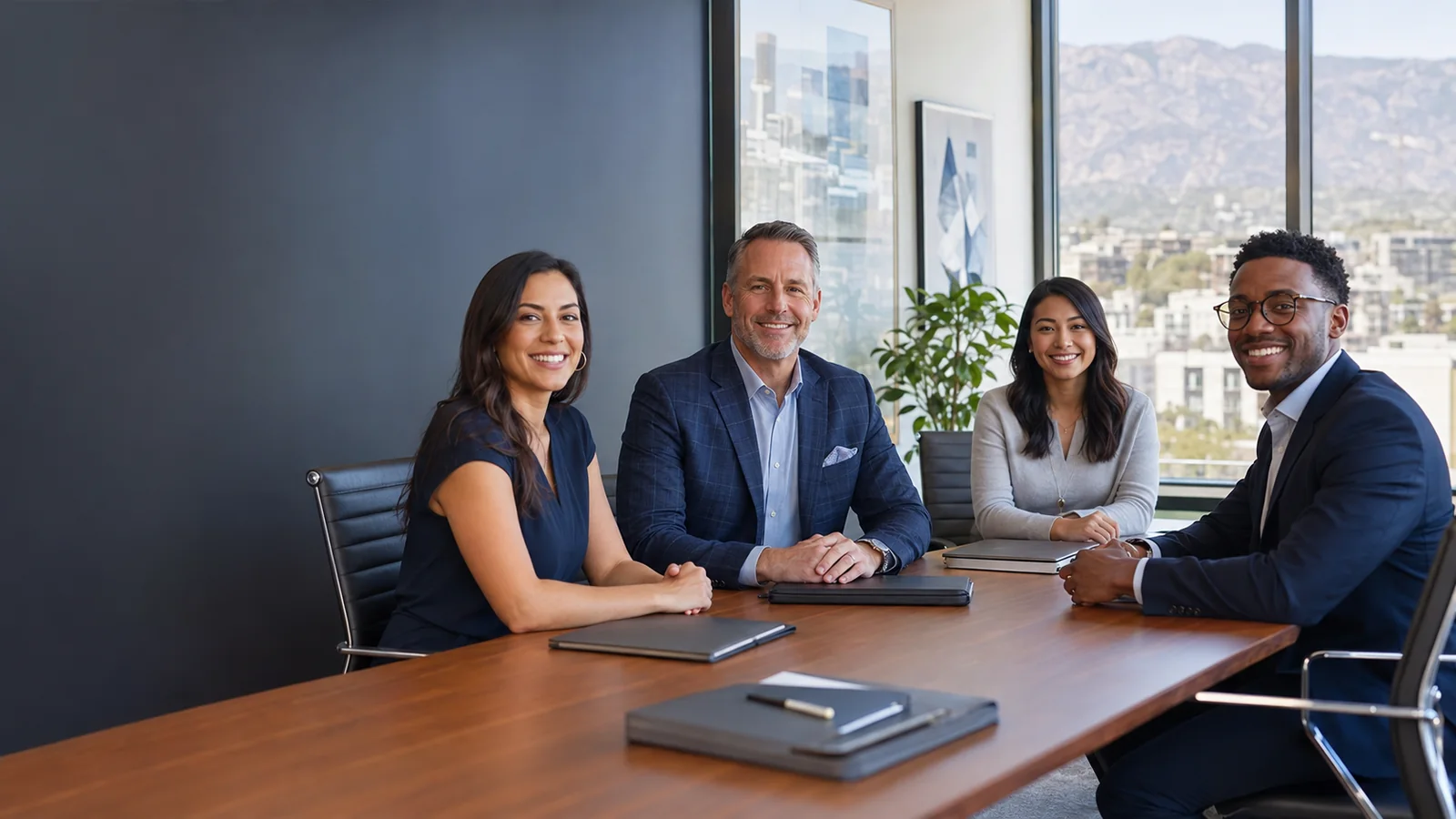 Financial firm leadership team smiling together in a modern conference room