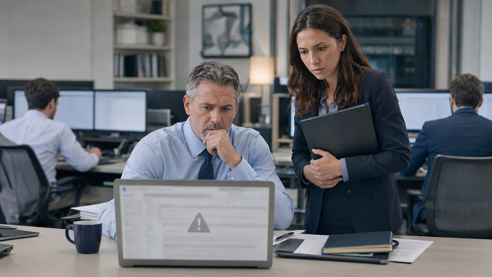 Accounting professionals reviewing a suspicious email and access problem