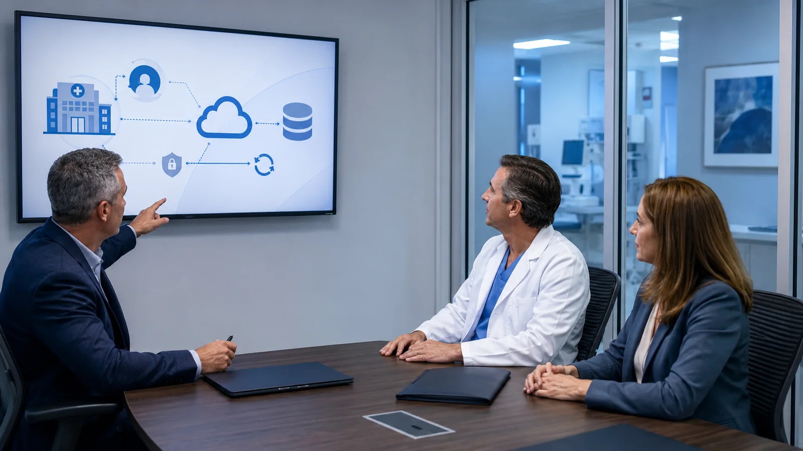 IT advisor presenting a secure data and technology roadmap to medical practice leaders in a conference room