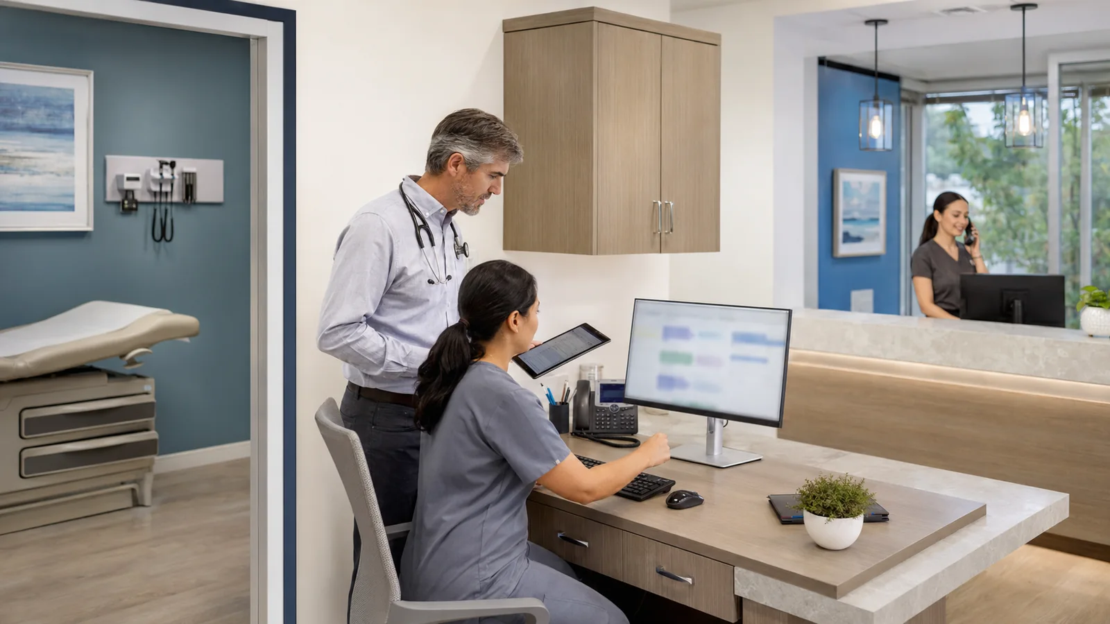 Physician and nurse reviewing patient information on a tablet and monitor in a clinical work area