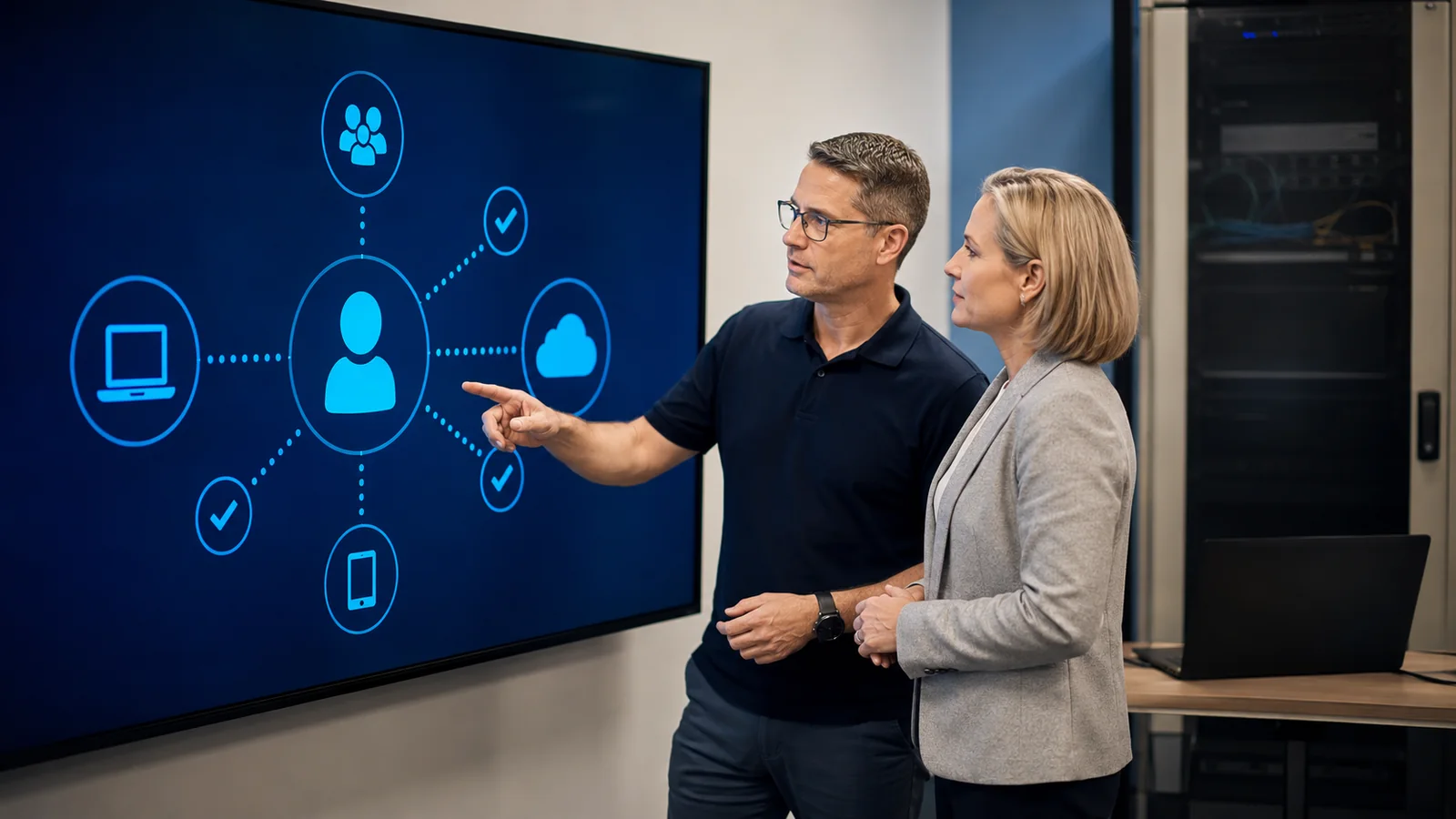Practice leaders reviewing a device security and continuity diagram near a server room