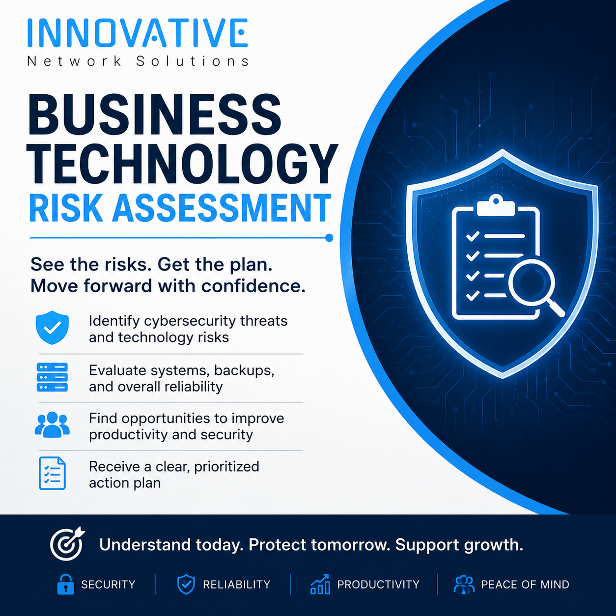 Business Technology Risk Assessment infographic - identify cybersecurity threats, evaluate systems and backups, and receive a clear action plan