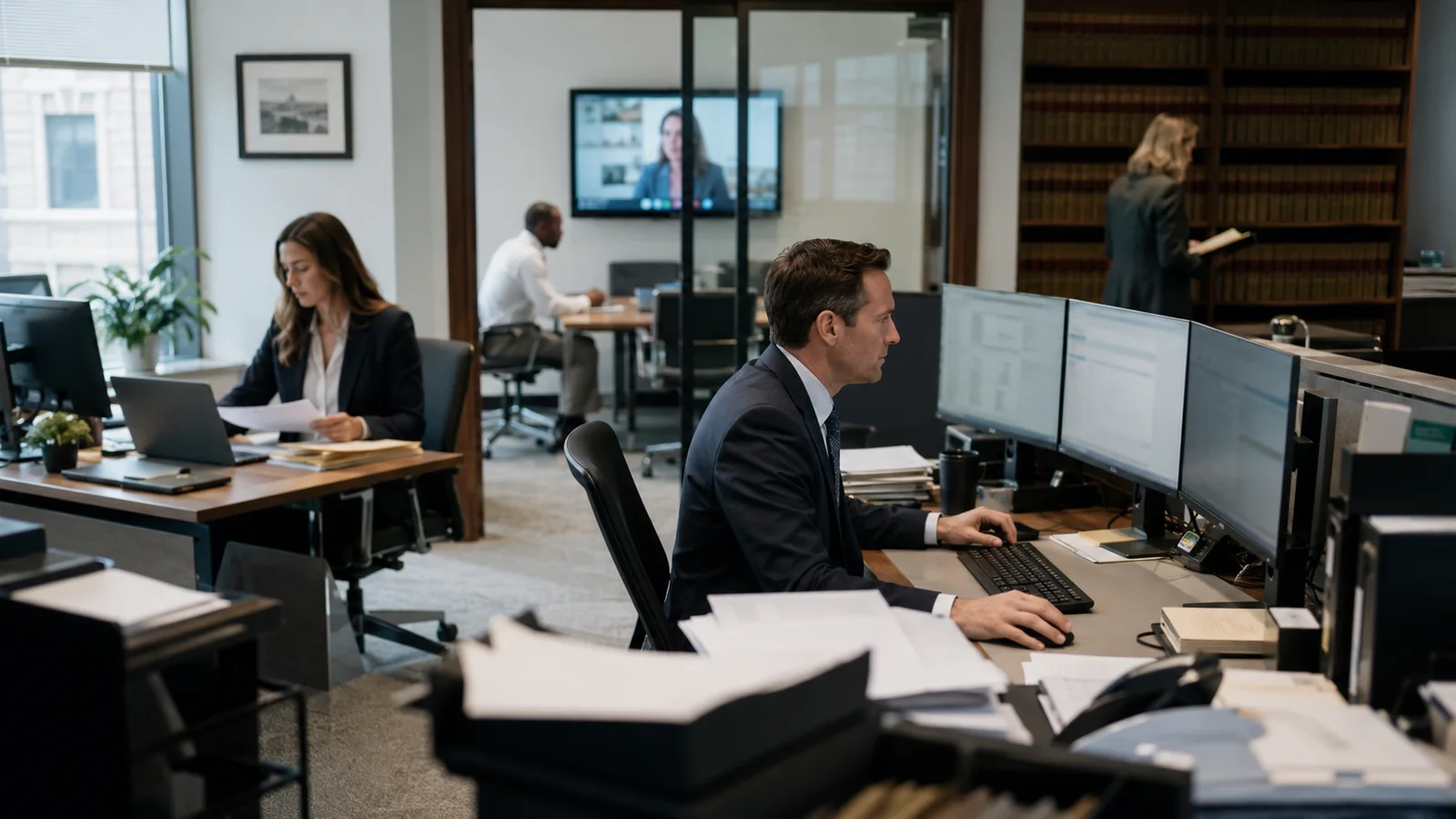 Attorney working at a multi-monitor desk in a busy law office with a video call in progress