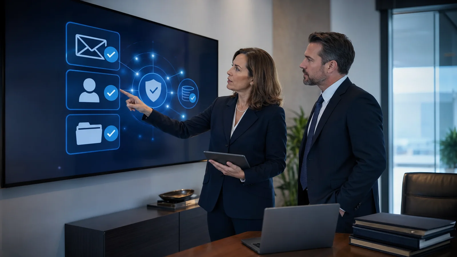 Legal professionals reviewing client confidentiality and data security protections on screen