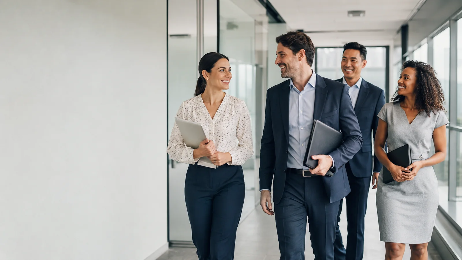 Legal professionals walking together through a modern office hallway