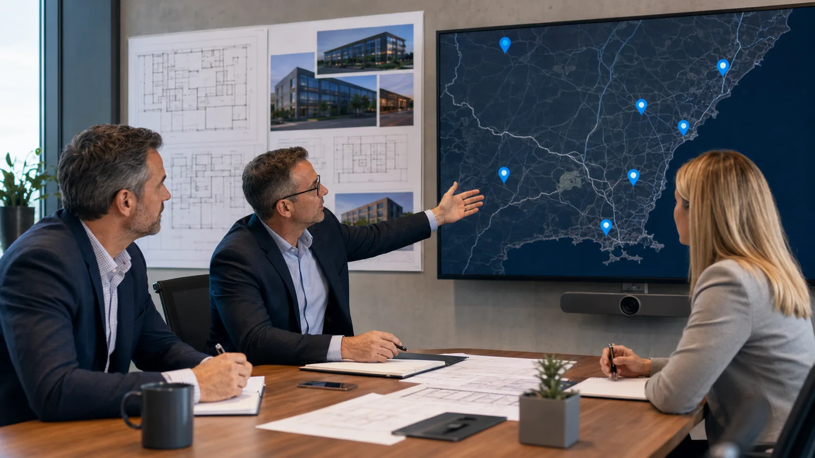 Property management team reviewing a multi-location map on a screen during a planning meeting