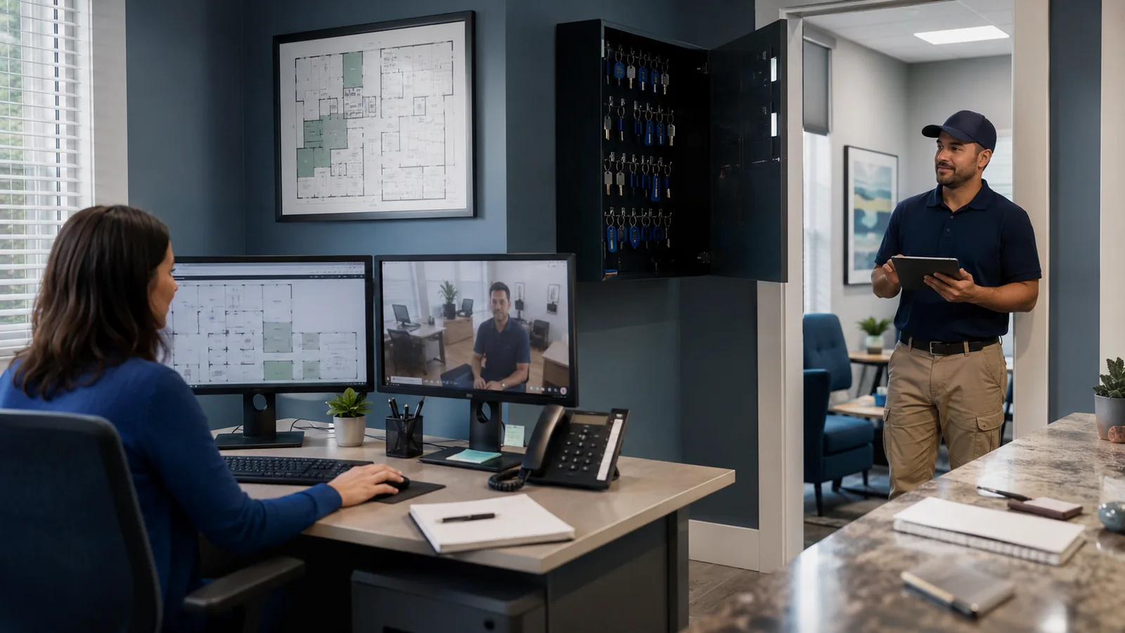 Property manager on a video call reviewing floor plans while maintenance staff checks in nearby