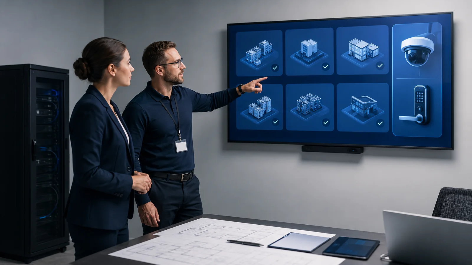 Property management team reviewing building security and access control systems on a screen