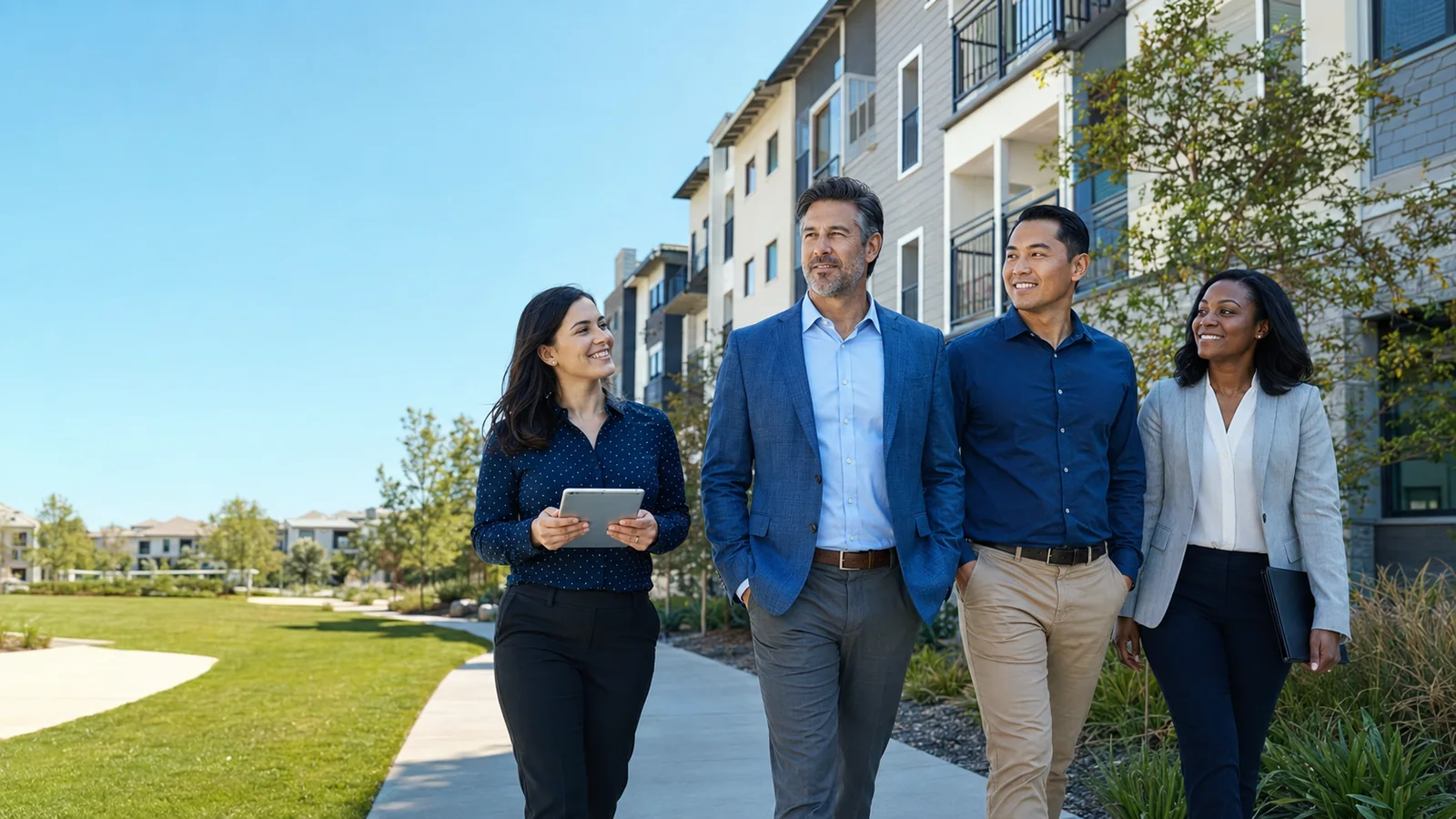 Property management team walking through a well-maintained apartment community with a tablet