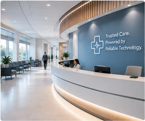 Healthcare reception area with signage reading Trusted Care, Powered by Reliable Technology