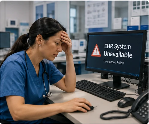 Clinician at a workstation reacting to an EHR system unavailable, connection failed error message