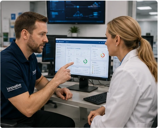 IT support specialist reviewing a technology monitoring dashboard with a physician