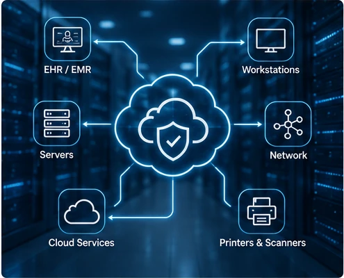 Diagram showing EHR and EMR, workstations, servers and network connected through a secure cloud
