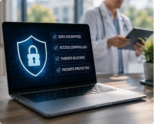 Physician reviewing a tablet showing data encryption and access-control security status