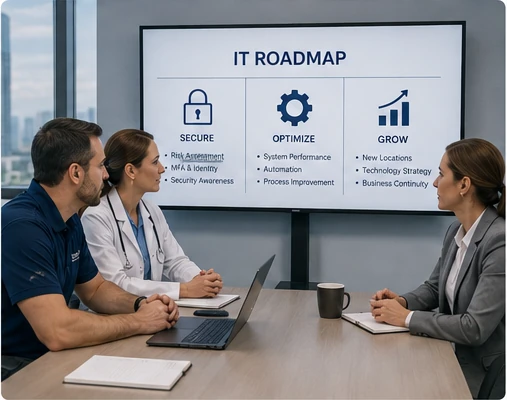 Healthcare and IT leadership reviewing an IT roadmap covering security, optimization and growth