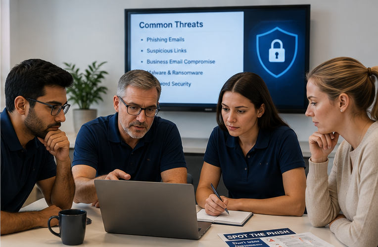 IT team member providing cybersecurity guidance and training to store staff