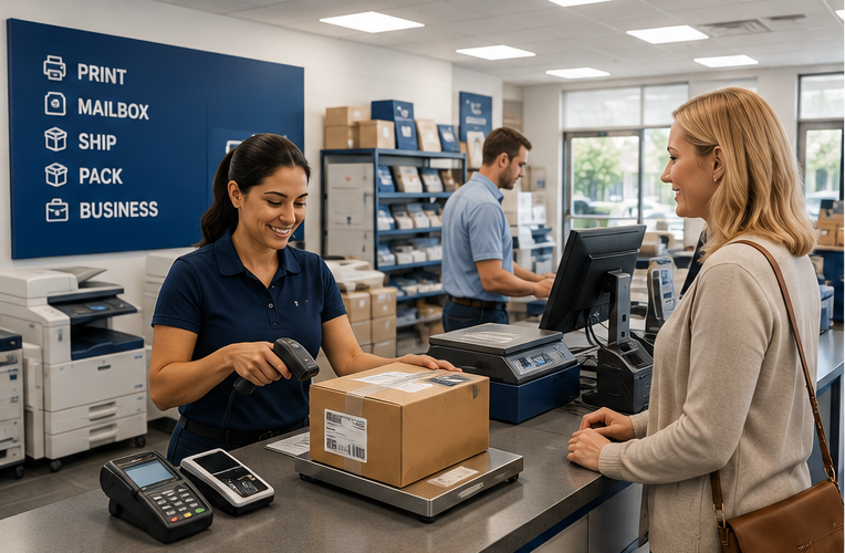 Mail and shipping store owner reviewing computer security at the front counter