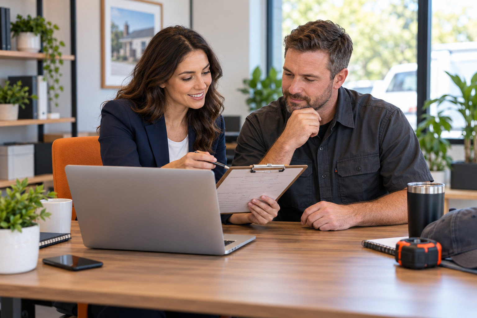 A consultant and business owner reviewing business information at a desk.
