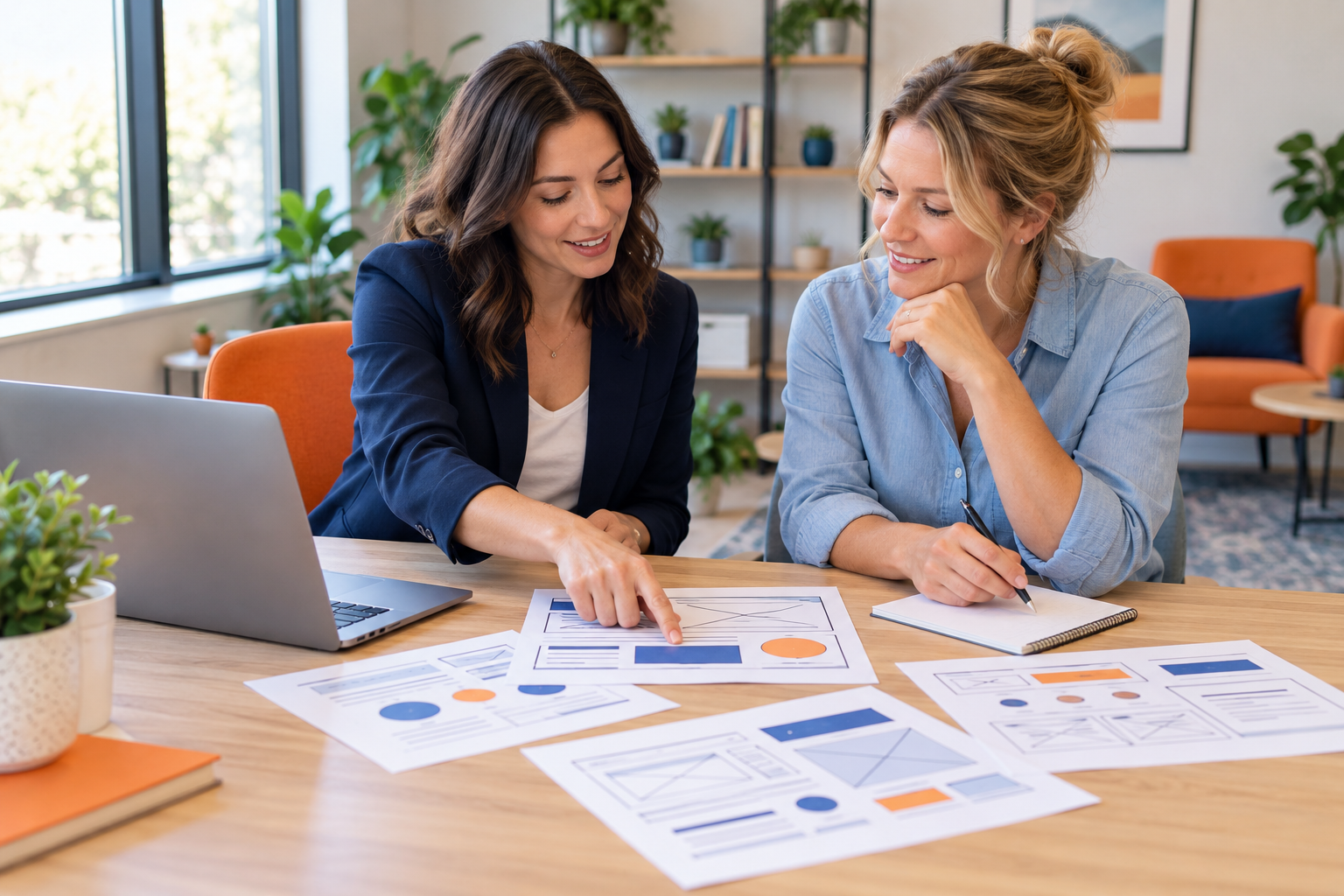 A consultant planning website content with a small-business owner.