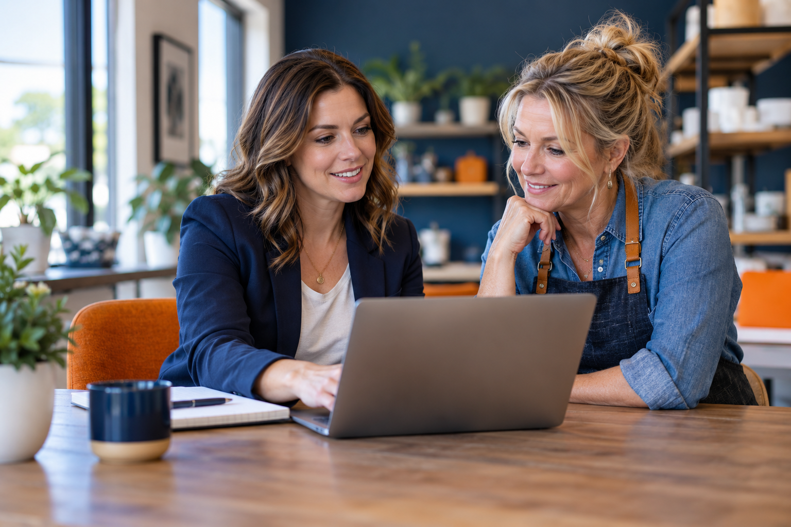 A consultant and business owner reviewing a laptop together.