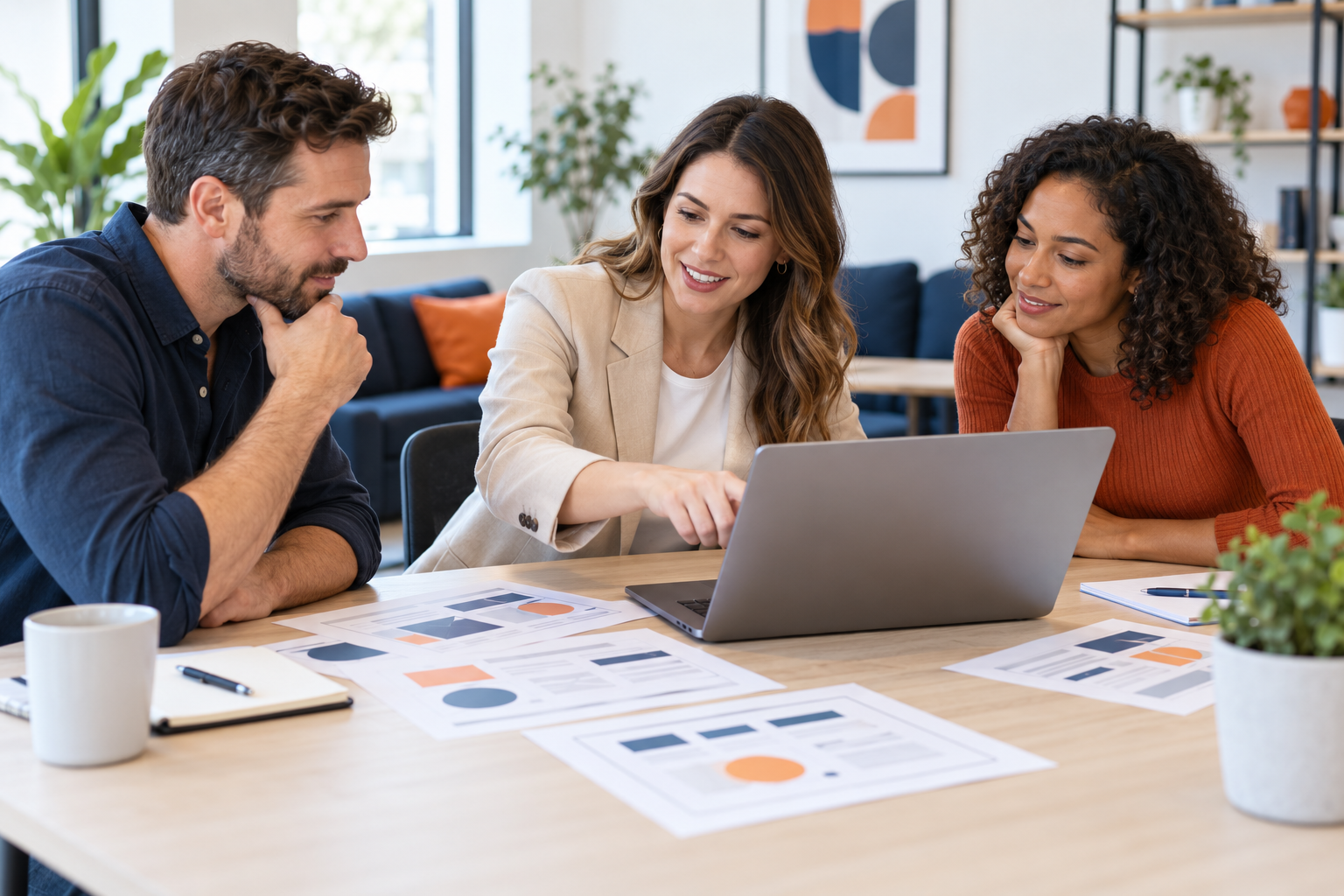 A business team reviewing a website improvement plan around a table.