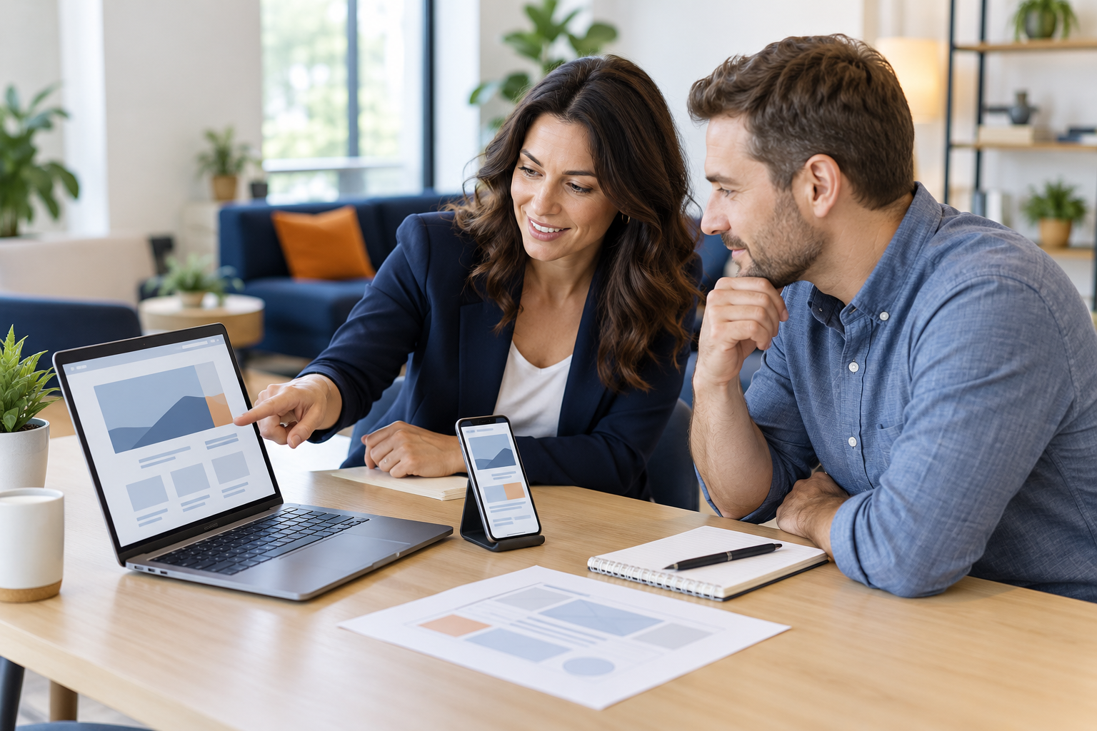 A consultant and business owner reviewing a website on a laptop and phone.